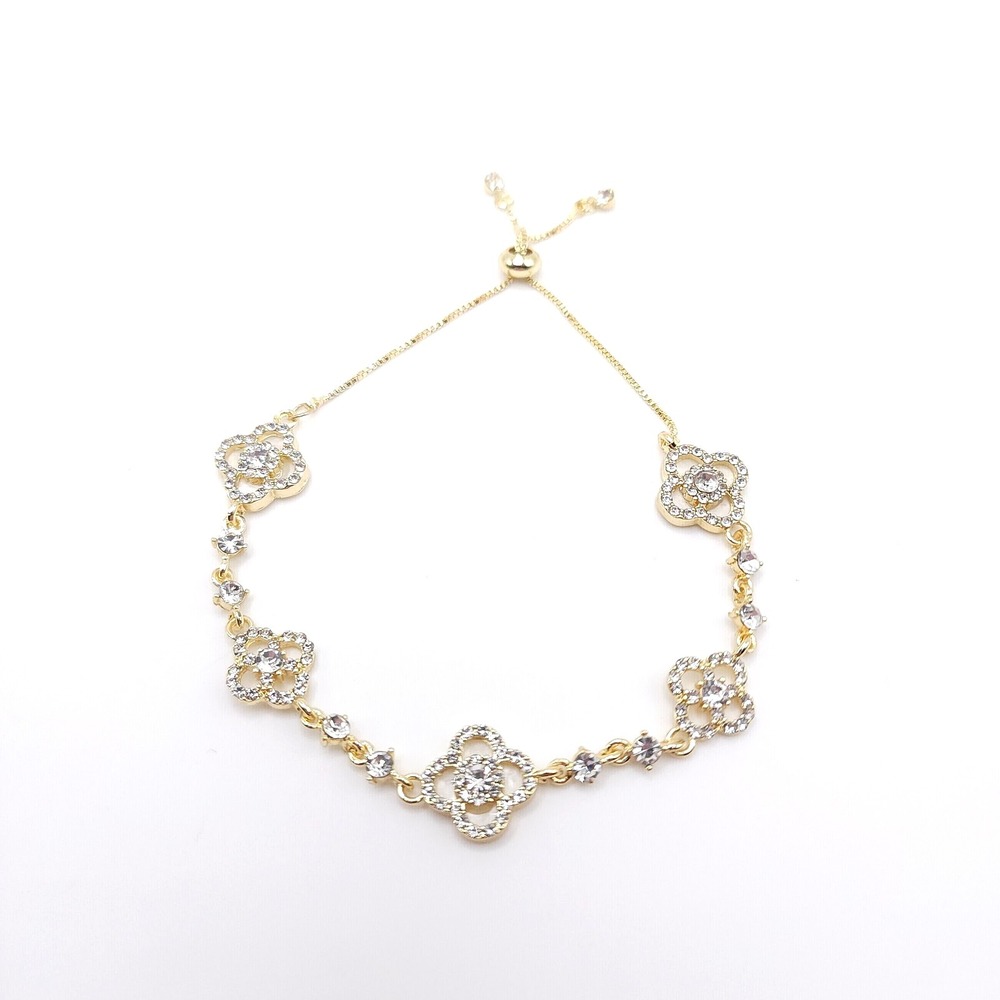 Rhodium Plated Zircon Clover Bracelet Women's Gold Tone Adjustable Jewelry